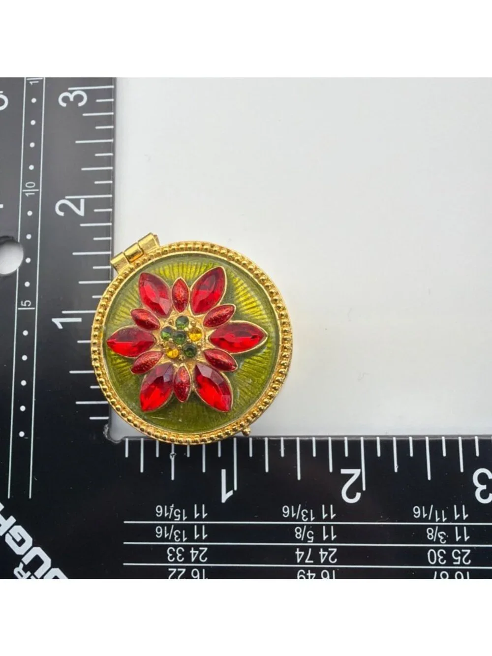 Christopher Radko Enamel Trinket Pill Box Red Poinsettia Flower Gold Tone Round